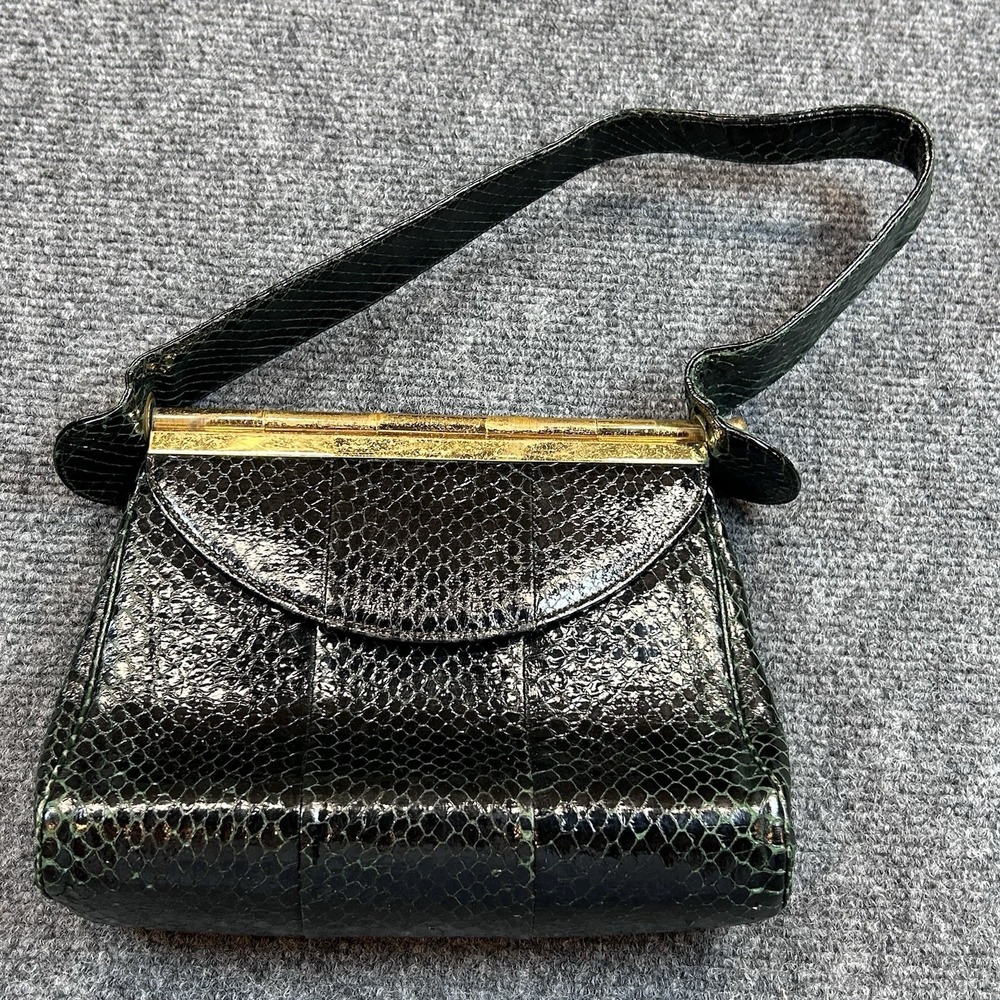 Vintage Dark Green Snake Lizard Skin Handbag with Clasp Closure By Alan Reptile